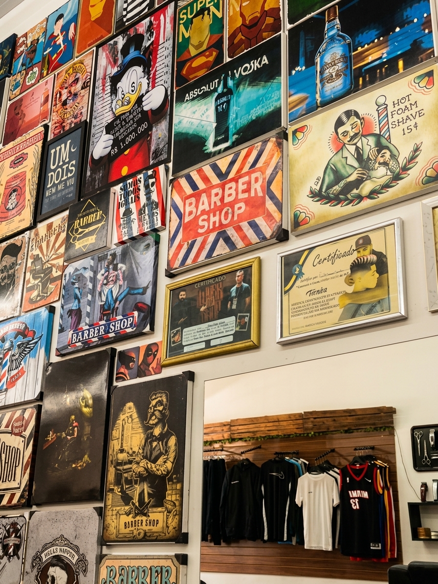Detalhes visuais da decoração da barbearia